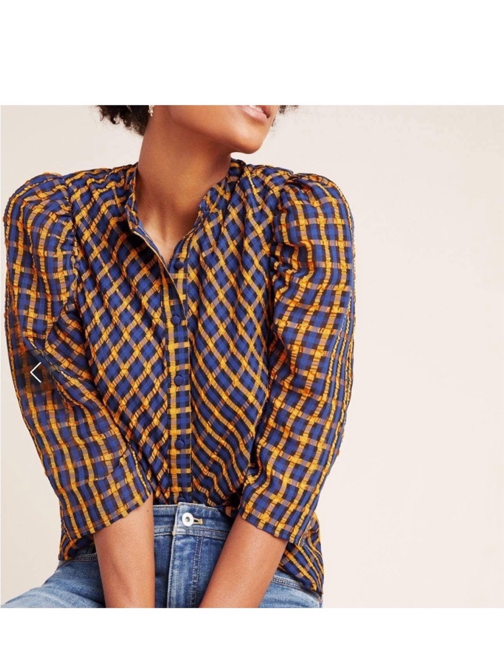 Eva Franco Anthropologie Plaid Puff-Sleeve Button Front Blouse
